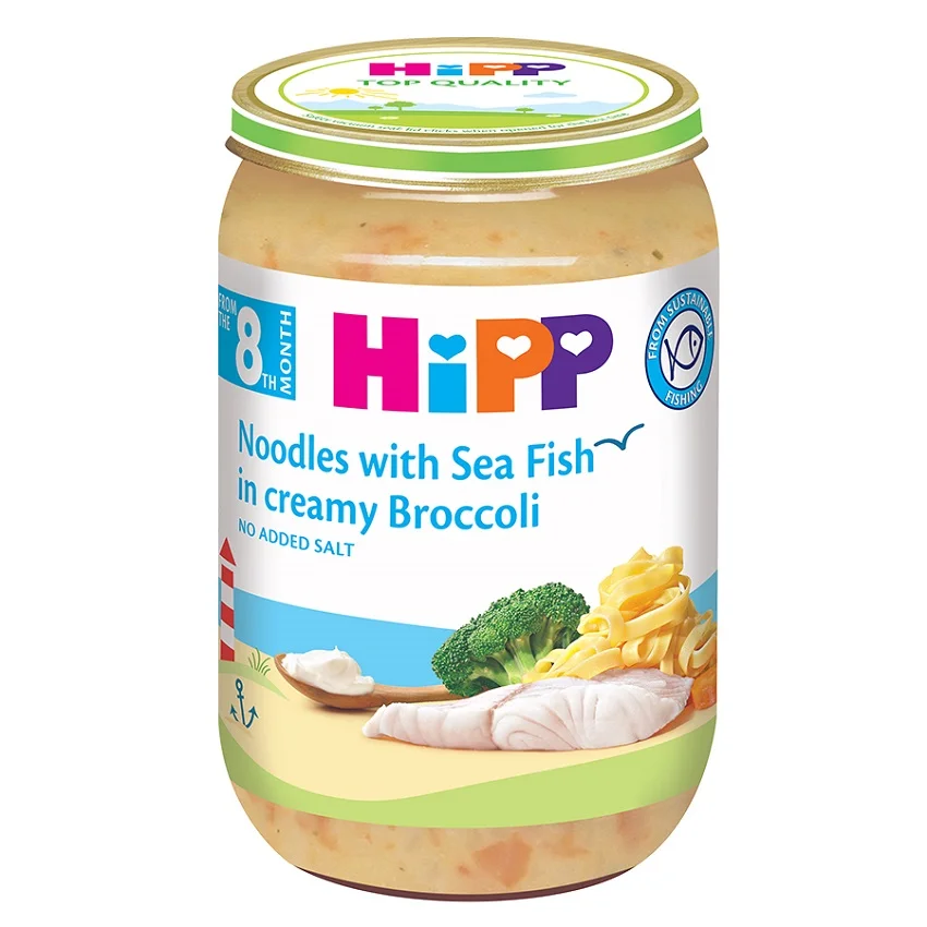 Dinh dưỡng đóng lọ HiPP Mì tagliatelle cá hồi sốt kem lơ xanh 220g