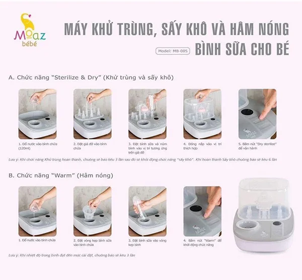 Hướng dẫn sử dụng máy tiệt trùng sấy khô và hâm sữa Moaz Bebe MB-005