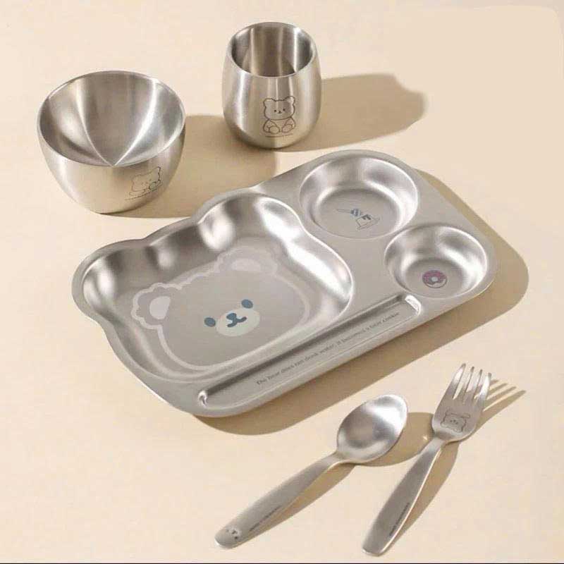 Set khay ăn cho bé 5 món bằng inox, khay ăn dặm cho bé bằng inox cao cấp